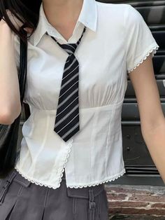 Style: Casual/Street/Vintage/Sweet/Y2K/Preppy Fabric Content: Polyester Fit Type: Slim Fit Neckline: Shirt Collar Sleeve Length:Short sleeve Preppy Fabric, 90s Y2k Fashion, Y2k Preppy, Lace Patchwork, Pleated Shorts, Shirt Collar, Cute Shirts, Aesthetic Clothes, Short Sleeve Shirt