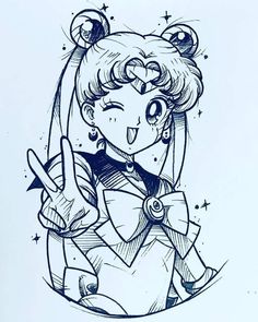 an ink drawing of sailor girl holding up her peace sign