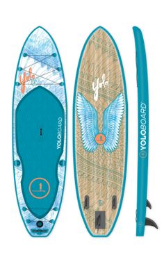 an image of a surfboard with paddles on the front and back sides, set against a white background