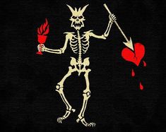 a skeleton holding a red heart and an arrow