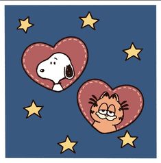 two hearts shaped like dogs with stars in the background and one has a dog's face on it