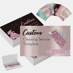 custom cleaning service business cards with pink glitters on the front and back, in a box