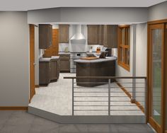 an open concept kitchen and living room with wood cabinets, stainless steel handrails