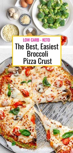 low carb keto broccoli and cheese pizza with the title overlay