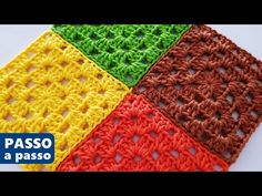 crocheted squares are shown in different colors and sizes, with the words passo on