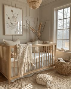 a baby crib in the corner of a room next to two windows and a basket on the floor