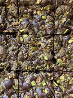 chocolate and pistachio brownies cut into squares on top of eachother