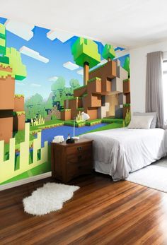 a bedroom with a large mural on the wall and hardwood floors, along with a bed