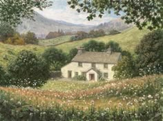 a painting of a house in the middle of a field with trees and flowers around it