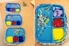 two pictures of an art tray with paint and toothpicks