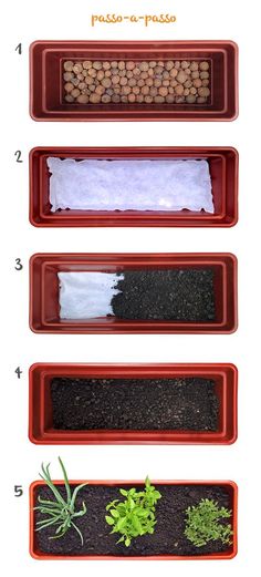 four red trays filled with different types of plants and dirt on top of each other