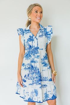 Toile Scene Tiered Dress, Blue - New Arrivals - The Blue Door Boutique Off Shoulder Jacket, Blue And White Dress, Blue Door, Dresses Blue, Satin Maxi, Satin Maxi Dress, Clothes Ideas, Charlotte Nc, Tiered Dress