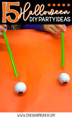 kids are playing with golf balls and tees on an orange sheet that says 15 halloween diy party ideas