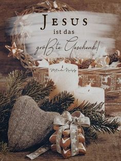 a christmas card with candles and presents in front of the words jesus istdas gratie de glasenk