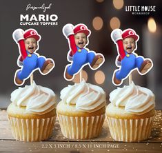 three cupcake toppers with mario running through them