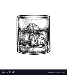 an old fashioned glass with ice cubes on the rocks hand drawn in ink style