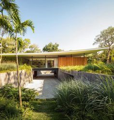 the house is surrounded by lush vegetation and trees