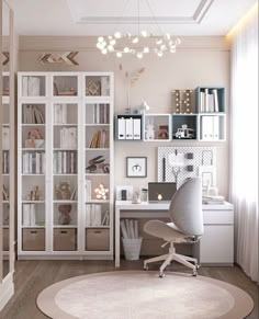 a room with a desk, chair and bookshelf