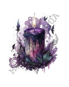 a purple candle sitting on top of a table next to leaves and flowers with watercolor splashes