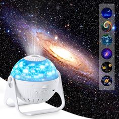 an image of a space projector in front of a spiral galaxy with stars and planets around it