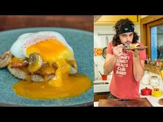 the man is eating his breakfast while standing in front of the kitchen counter and looking at the camera