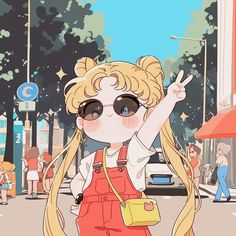 a cartoon girl with long blonde hair and sunglasses waving to the side while standing on a city street