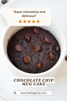 chocolate chip mug cake in a white bowl on top of a plate with five stars