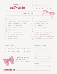 a printable self - care checklist with pink bows