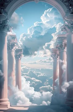 an arch in the sky with clouds surrounding it