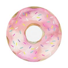 a donut with pink icing and sprinkles is shown on a white background