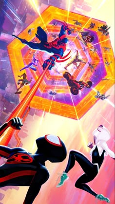 spider - man into the spider - verse movie poster with various characters in front of an abstract background