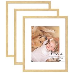 three wooden frames with a child and a dog