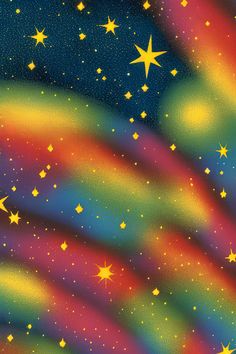 an image of stars in the sky with rainbows and yellow colors on it's surface