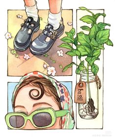 a drawing of a person with sunglasses and a plant in a jar next to them