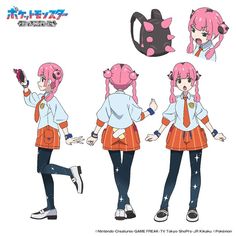 some anime character with pink hair and blue eyes, wearing orange skirts and white shirts