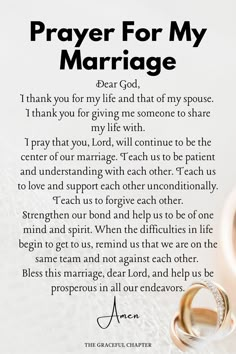 a wedding poem with two gold rings on top of it and the words prayer for my marriage