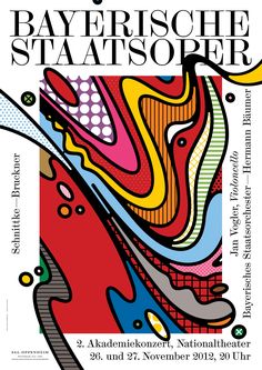 a poster for an art exhibition with colorful lines and shapes on the front, as well as