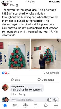 two pictures with the same person making a christmas tree made out of wine corks