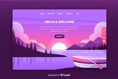 a landing page with a boat on the water