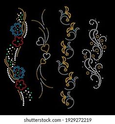 a set of four different colored and white designs on a black background with gold, silver, and blue beads