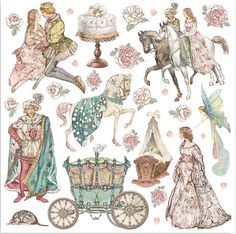 an illustration of some people on horses and carriages