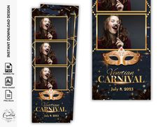 an image of a carnival flyer with masks on the front and back side, in gold