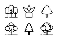 trees and bushes line icon set