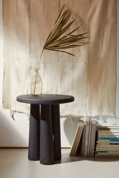 a vase with a plant in it sitting on a table next to a stack of books