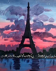 a painting of the eiffel tower in paris, france at night with pink and blue clouds