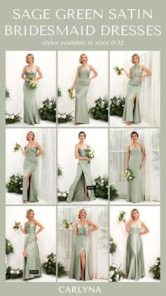 the bridesmaid dresses in sage green satin are available for purchase from carilyna