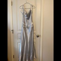 Nwt Beautiful Silver Gray Satin Full Length Dress. Drape Neckline, Low Hip Embellishment. Low Back Line W/ Straps. Slip Dress Formal, Silver Slip Dress, Grey Blue Dress, Dress Drape, Full Length Dress, Satin Dress, Low Back, Satin Dresses, Blue Dresses