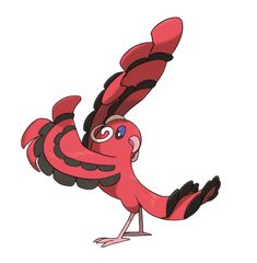 a red bird with black wings is standing on its hind legs