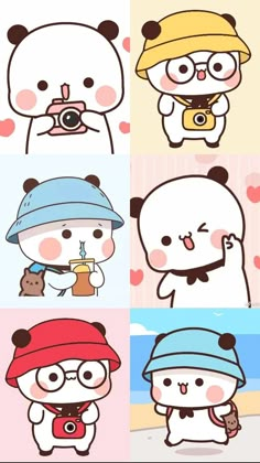 four different pictures of pandas with hats on and one is holding a cell phone