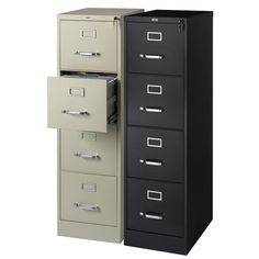 four drawer filing cabinet with pullout drawers labeled putty, black and gray side by side